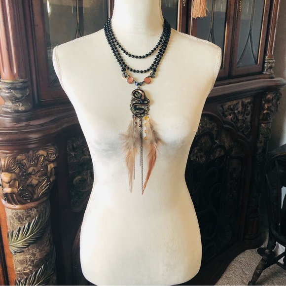 Handcrafted filigree snake Czech Pearl genuine onyx gemstone clasp necklace - Picture 4 of 12